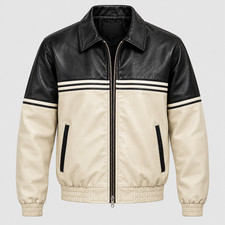 Mens Real Leather Two-Tone Vintage Racing Jacket Black & Off-White Casual Bomber picture