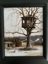 Fine Art Original Oil painting Framed classic American landscape treehouse w dog picture