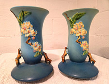 Pair of Roseville Blue Matte Hand-Painted Floral Art Pottery Vase 388-10 Signed picture