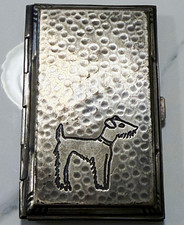 Vintage Hammered Metal Cigarette Case Terrier Dog Motif Art Deco 3.75 In picture