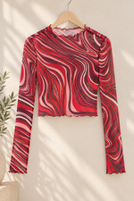 Women’s Y2K Red Pink Swirl Mesh Long Sleeve Crop Top SheerLettucce Ham picture
