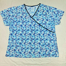 Medgear Women’s 2XL Blue/White Floral Wrap V-Neck Short Sleeve Scrub Top picture