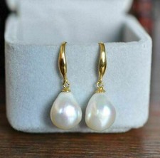 Genuine South Sea AAA 10-13mm  White Baroque Pearl Earrings 14k Yellow Gold picture