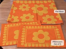 Vtg 60s Mod Cannon Royal Family Sunflower Orange Full Flat Sheet & 2 Pillowcases picture