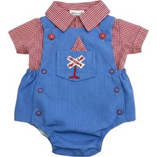Vintage Baby Boy Train Bubble Romper and Gingham Shirt Set Blue Red 3-6 Months picture