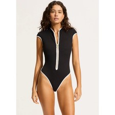 SEAFOLLY Women's Beach Bound One Piece Swimsuit Size 4 Black Zip Cap Sleeve NWT picture