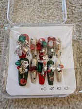 Christmas 3D Handmade Press On Nails Red Green Gold Rhinestone Holiday Size S picture