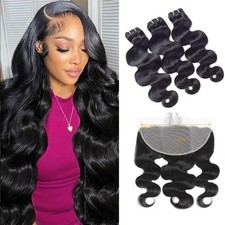 15A Human Hair Bundles with Closure 16 16 16 inch with 14 inch 13x6 Lace HD 100% picture