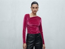 NWT Zara Velvet Bodysuit Medium M Fuchsia Pink Long Sleeve Ruched Party picture