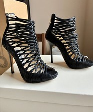 JIMMY CHOO SEXY STRAPPY HIGH HEEL SANDALS BLACK EMBOSSED LEATHER WOMEN SIZE 36.5 picture