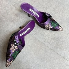 MANOLO BLAHNIK Women Genuine Flower Design Satin Mules Sandals Purple Rare Japan picture