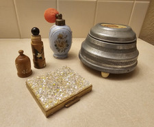 Lot of Vintage Vanity Items- Perfume Atomizer, Musical Powder Tin, and more picture