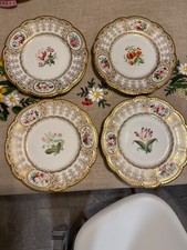 Set of 4 Antique Grainger Worcester Hand Painted Botanical Plates Gilt Pattern 4 picture