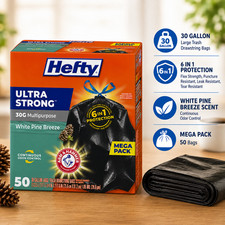 Hefty Ultra Strong 30 Gallon Trash Bags, Black Large Trash Bags, White Pine Bree picture