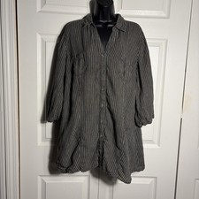 Maddison 100% Linen Shirt Women 46/XL Olive Green Striped Button Up Half Sleeve picture