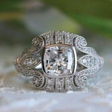 Art Deco Style Cushion Cut Lab Created Diamond 14K White Gold FN Engagement Ring picture