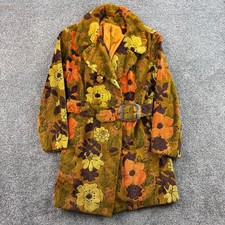Vintage 50s Floral Chenille Coat Women's M Fall Tones Rug Belted Mod Retro Swing picture