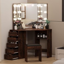 Corner Makeup Vanity Desk Stool Tri-Fold LED Mirror with Drawer Charging Station picture