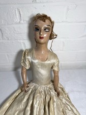 Antique French Boudoir Doll 25” Art Deco 1920s Painted Face Satin Dress picture