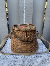 Vintage Fishing Creel Wicker Fly/Trout Woven Basket, Peg Latch & Lures picture