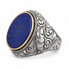 Men's 925 Sterling Silver Natural Lapis Lazuli Oval Handmade Men's Vintage Band picture
