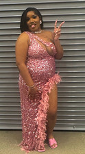 Women’s Pink Sequin One-Shoulder Cutout Gown Feather Trim High Slit Long  picture