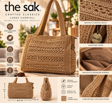 The Sak Crafted Classics Large Carryall Bamboo Gold Crochet Shoulder Bag NWT picture