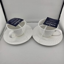 Mikasa Trellis Bone China Tea Cup & Saucer Set White 12 oz Handle Set picture