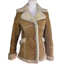 Vintage 1970s Outbak Shearling Jacket Tan Suede Wool Trim Coat New Zealand 36 picture