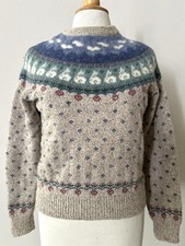 VTG Eddie Bauer Fair Isle Country Wool Sweater Rabbits Farm Hearts S Small MED picture