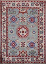 Geometri Super Kazak Oriental Rug 5'x7' Light Blue/ Ivory Wool Handmade Carpet picture