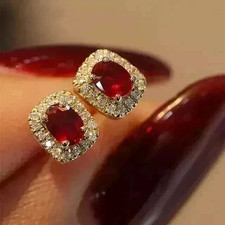 2Ct Oval Cut Natural Ruby & Halo Diamond Stud Earrings in 14k Yellow Gold Plated picture