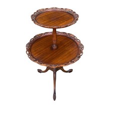 Antique 1900s Carved Mahogany Two-Tier Pedestal Table Ornate Pie Crust Edge picture