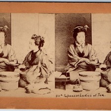 c1890s Japanese Ladies Tea Stereoview Ceremony Photo Antique Japan Kimono 511a picture