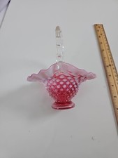 Vintage Fenton Cranberry Opalescent About 6 Inches In Ht Hobnail Crimped Basket picture