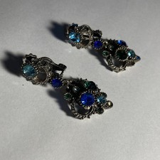 Signed Hollycraft Blue Green Rhinestone Dangle Clip On Earrings Silver Tone VTG picture