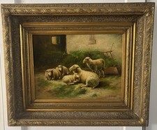 Antique Large 19th Century Sheep In Barnyard Original Oil Painting picture