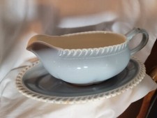 Harker Ware Corinthian Blue Gray Grey Gravy Boat Harker Pottery & Under Plate picture