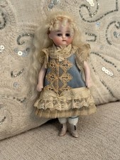 Antique 5.25” All Bisque Mignonette Doll Rare Gray Tassel Boots Handmade Dress picture