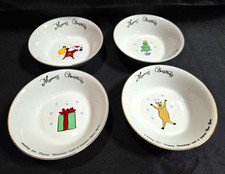 4 Vtg Merry Brite Christmas Soup Bowls Set Santa Reindeer Tree Porcelain Gold picture