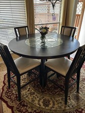 Round Dining Table Set, Glass Insert, 4 Chairs, Dark Wood, Beige Faux Leather picture