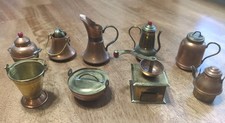 9 Vtg Copper & Brass Mini Pots Kettle Teapots Coffee Grinder  Doll Ornament picture