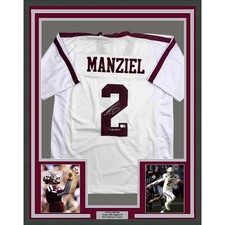 Framed Autographed/Signed Johnny Manziel 12 HT 35x39 A&M White Jersey JSA COA picture