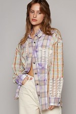 New POL Boutique Mixed Media Button Up Top Shirt Long Sleeve Lightweight Small picture