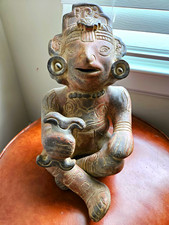 Vintage Zapotec Terracotta Sculpture 16” Seated Deity Aztec Maya Mexico Folk Art picture