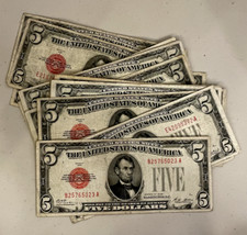 1928 $5 Red Seal Bill Abe Lincoln Dollars Rare Certificate Old Five Dollar Money picture