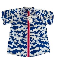 THML Womens Blue White Geometric Abstract Smocked Neck Pink Stripe Blouse New picture