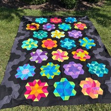 Handmade Geometric Bright Star Quilt Top Black Grey Hexagon Patchwork 47x63 picture