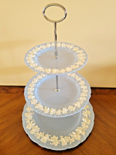 WEDGWOOD QUEENSWARE CREAM ON LAVENDER SHELL EDGE 3 TIER TIDBIT SERVER CAKE STAND picture