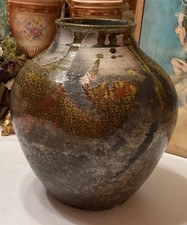 10.25” Lg Signed by KIM Raku Style Studio Art Pottery Vase Metallic Glaze picture